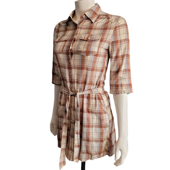 San Souci Plaid Cotton Shirtdress Sz Small Belted Neutral Fall Flannel Button-Up - Picture 10 of 10